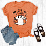 Halloween Ghost With Coffee Graphic Tee Orange - Plus