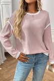 Colorblock Crewneck Knit Look Long Sleeve Pullover Top Blue