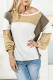 Lovesoft - Exposed Seam Color Block Patchwork Top: Khaki / 60%Polyester+35%Viscose+5%Elastane / S