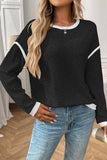 Lovesoft - Colorblock Crewneck Knit Look Long Sleeve Pullover Top: Dark Blue / 65%Polyester+30%Viscose+5%Elastane / L