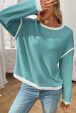 Lovesoft - Colorblock Crewneck Knit Look Long Sleeve Pullover Top: Dark Blue / 65%Polyester+30%Viscose+5%Elastane / XXL