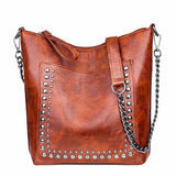 Wholesalesir - Fashion Chain Rivet Shoulder Tote Bag: Brown