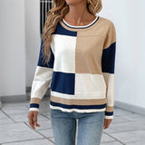 Color Block Crew Neck Ling Sleeve Knit Pullover Top