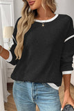 Lovesoft - Colorblock Crewneck Knit Look Long Sleeve Pullover Top: Dark Blue / 65%Polyester+30%Viscose+5%Elastane / L