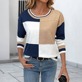 Color Block Crew Neck Ling Sleeve Knit Pullover Top