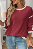 Lovesoft - Colorblock Crewneck Knit Look Long Sleeve Pullover Top: Dark Blue / 65%Polyester+30%Viscose+5%Elastane / L