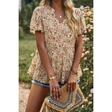 Supreme Fashion - Floral Print Tie Neck Babydoll Blouse: APRICOT / S