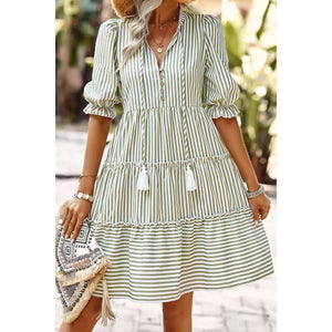 Sage Green Puff Sleeves High Waist Dress