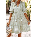 Sage Green Puff Sleeves High Waist Dress