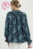 Floral Print Contrast Trim Long Sleeve Blue Tones Blouse - Umgee