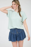 J.O.A - CREW NECK SHORT CUFF SLEEVE RIBBED KNIT TOP: DUSTY MINT