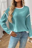 Lovesoft - Colorblock Crewneck Knit Look Long Sleeve Pullover Top: Dark Blue / 65%Polyester+30%Viscose+5%Elastane / S