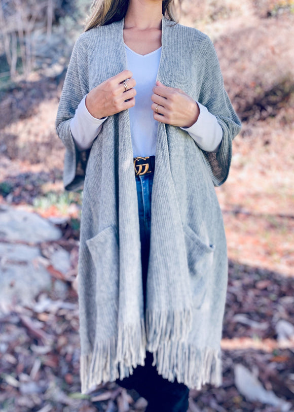 Soft Grey Knit Pocket Kimono With Fringe 