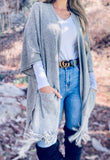 Soft Grey Knit Pocket Kimono With Fringe