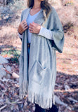 Soft Grey Knit Pocket Kimono With Fringe