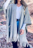 Soft Grey Knit Pocket Kimono With Fringe