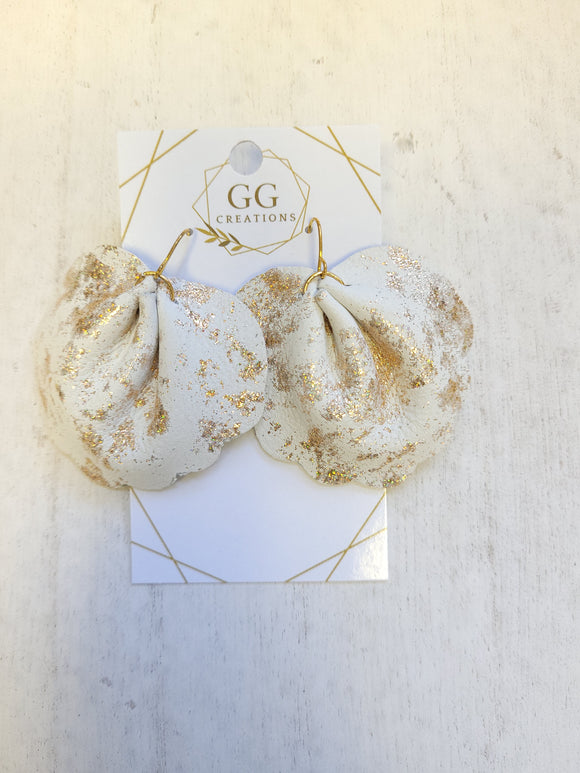 Scalloped Pinched Leaf Gold and White - Genuine Leather Earrings