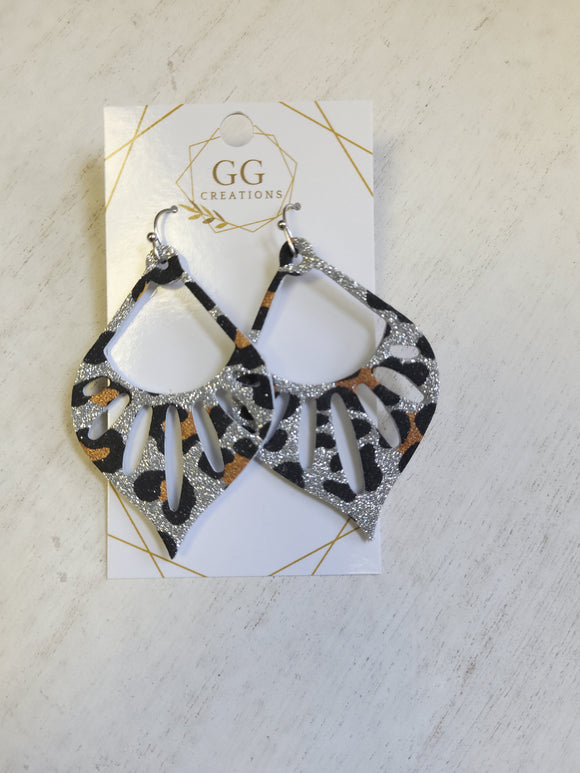 Geometric Open Teardrop -Glitter Leopard - Genuine Leather Earrings