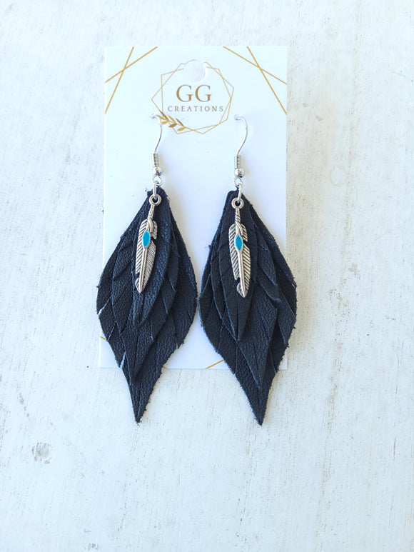 Layered Fringe Black Genuine Leather Earrings