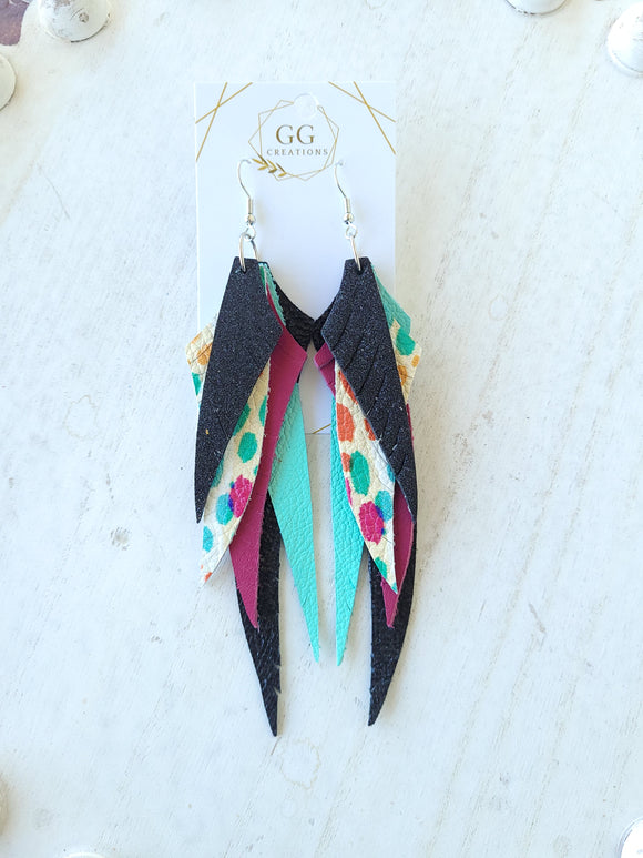 Long Layered Multi Colored Feather Genuine Leather Earrings