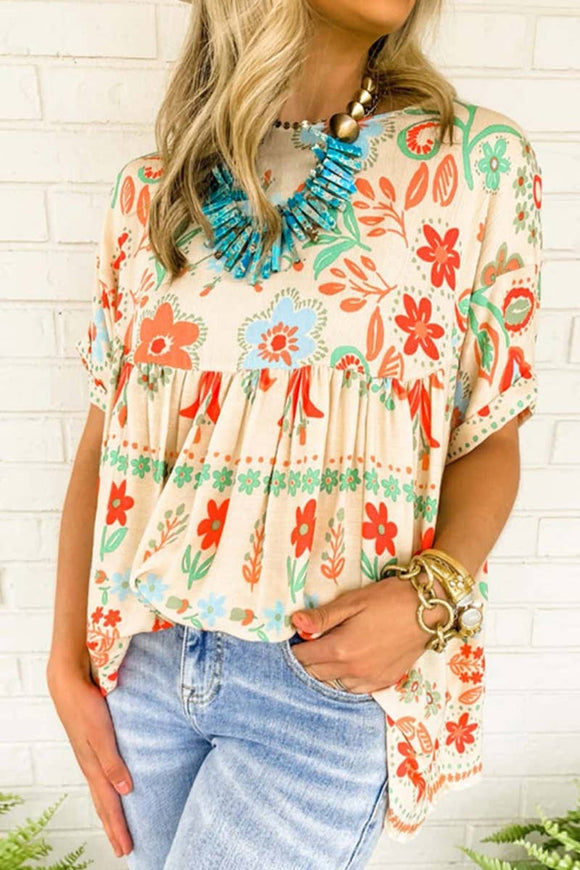 VINTAGE PRINTED SHORT-SLEEVED CHIFFON TOP: APRICOT