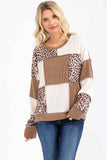 7th Ray - Leopard Patchwork Color Block Rib Knit Pullover Top T6089: Chestnut / S