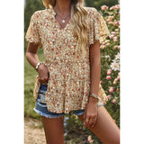 Supreme Fashion - Floral Print Tie Neck Babydoll Blouse: APRICOT / XL