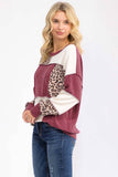 7th Ray - Leopard Patchwork Color Block Rib Knit Pullover Top T6089: Chestnut / S