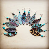 Leather Narrow Oval Earrings in Leopard w/ Turquoise