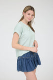 J.O.A - CREW NECK SHORT CUFF SLEEVE RIBBED KNIT TOP: DUSTY MINT