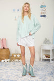 J.O.A - ACID WASH LONG SLEEVE SIDE SLIT KNIT TOP: DUSTY MINT
