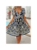 Black & White Print Ruffle Tassel Dress