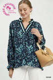 Floral Print Contrast Trim Long Sleeve Blue Tones Blouse - Umgee