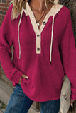 White Waffle Contrast Half Buttoned Hooded Pullover Top