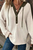 White Waffle Contrast Half Buttoned Hooded Pullover Top