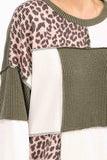 7th Ray - Leopard Patchwork Color Block Rib Knit Pullover Top T6089: Chestnut / M