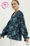 Floral Print Contrast Trim Long Sleeve Blue Tones Blouse - Umgee