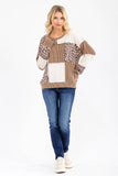 7th Ray - Leopard Patchwork Color Block Rib Knit Pullover Top T6089: Chestnut / L