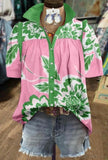 Pink & Green Floral Printed Ruffle Blouse