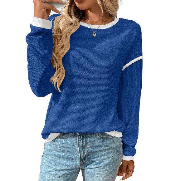 Lovesoft - Colorblock Crewneck Knit Look Long Sleeve Pullover Top: Dark Blue / 65%Polyester+30%Viscose+5%Elastane / XL