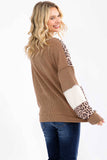 7th Ray - Leopard Patchwork Color Block Rib Knit Pullover Top T6089: Chestnut / M