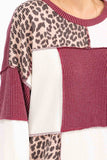 7th Ray - Leopard Patchwork Color Block Rib Knit Pullover Top T6089: Chestnut / L