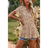 Supreme Fashion - Floral Print Tie Neck Babydoll Blouse: APRICOT / XL