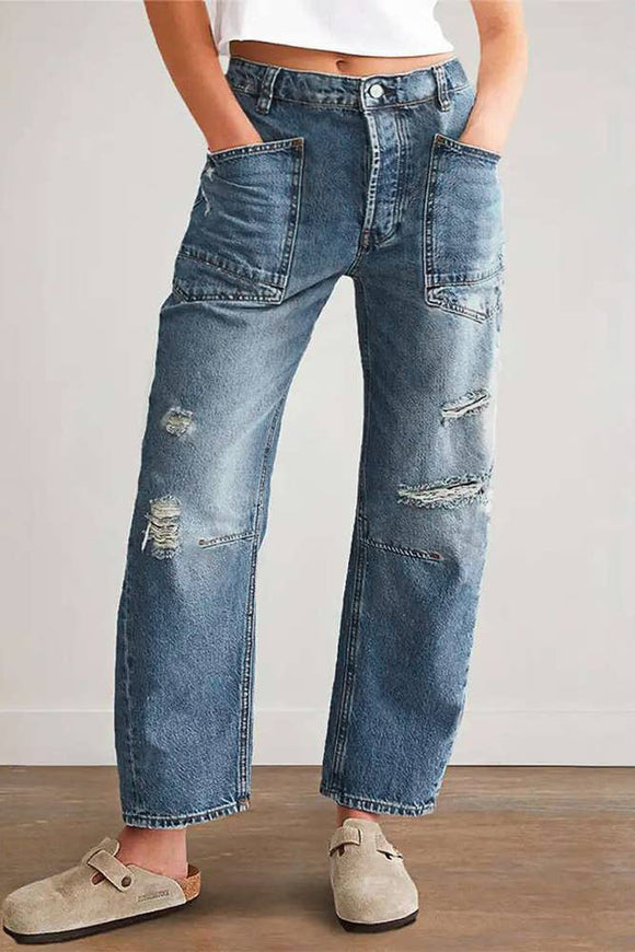 UNISHE - Blue Ripped Straight Jeans