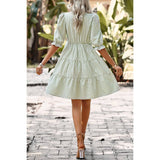 Sage Green Puff Sleeves High Waist Dress