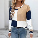 Color Block Crew Neck Ling Sleeve Knit Pullover Top