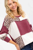 7th Ray - Leopard Patchwork Color Block Rib Knit Pullover Top T6089: Chestnut / XL