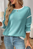 Lovesoft - Colorblock Crewneck Knit Look Long Sleeve Pullover Top: Dark Blue / 65%Polyester+30%Viscose+5%Elastane / S