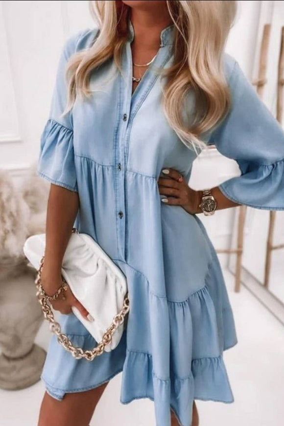 Washed Denim V-Neck Half Sleeve Dress