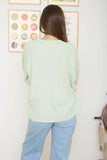 J.O.A - SPLIT NECK RAW EDGE LONG SLEEVE RIBBED KNIT TOP: LIGHT GREEN